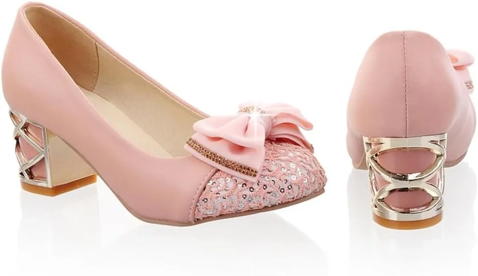 Women's Round Toe Bowtie Chunky Mid Heels Pumps Shoes Slip On Comfortable Sequins Elegant Dress Shoe