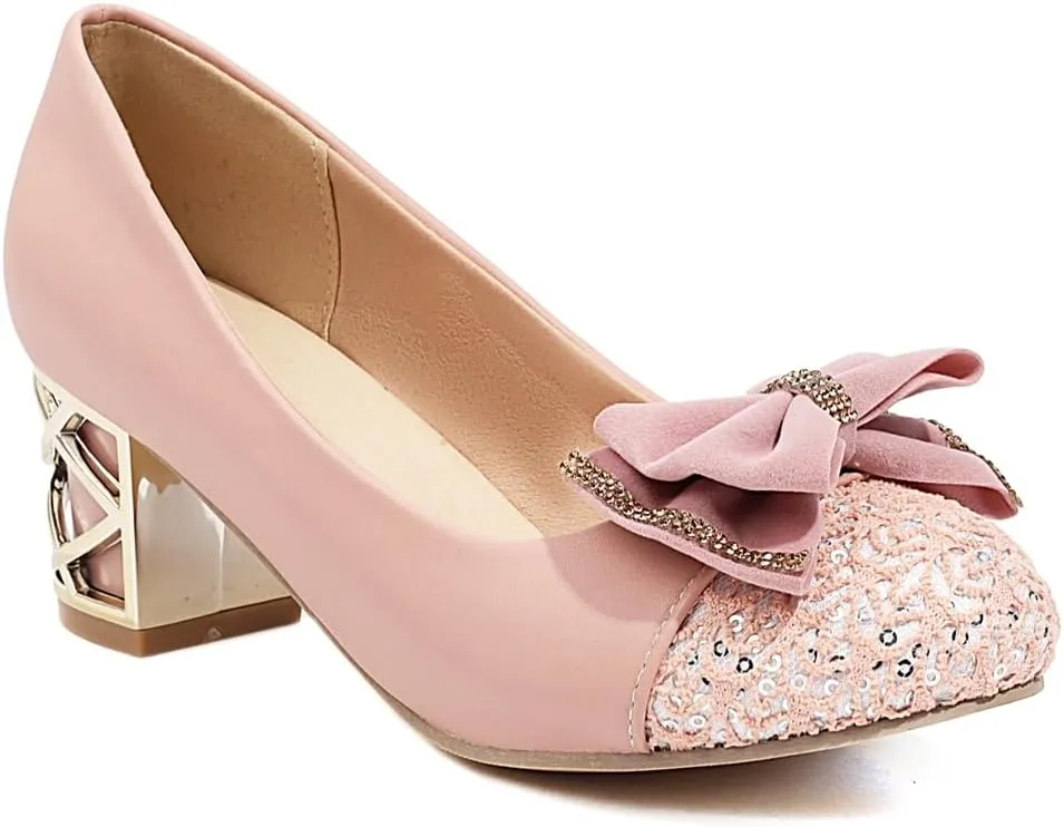 Women's Round Toe Bowtie Chunky Mid Heels Pumps Shoes Slip On Comfortable Sequins Elegant Dress Shoe
