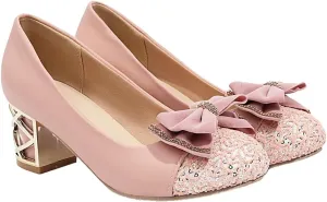 Women's Round Toe Bowtie Chunky Mid Heels Pumps Shoes Slip On Comfortable Sequins Elegant Dress Shoe