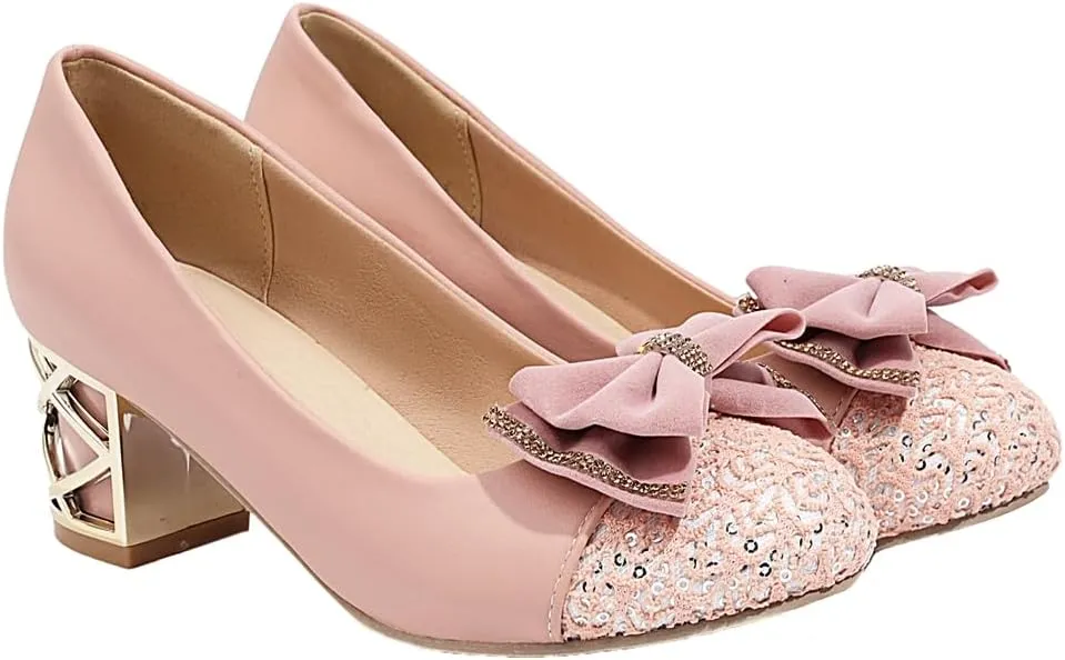 Women's Round Toe Bowtie Chunky Mid Heels Pumps Shoes Slip On Comfortable Sequins Elegant Dress Shoe