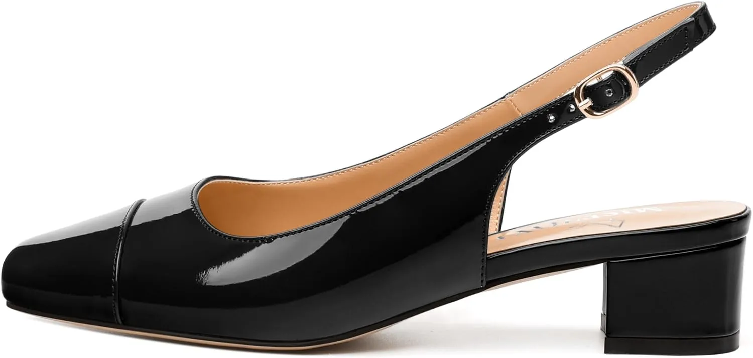 Women's Slingback Pumps, Low Chunky Heels Square Toe Pumps for Women, Block Heels Dress Shoes Closed Toe Comfortable Wedding Work Pump Sandals