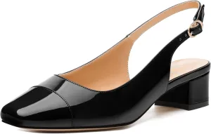 Women's Slingback Pumps, Low Chunky Heels Square Toe Pumps for Women, Block Heels Dress Shoes Closed Toe Comfortable Wedding Work Pump Sandals