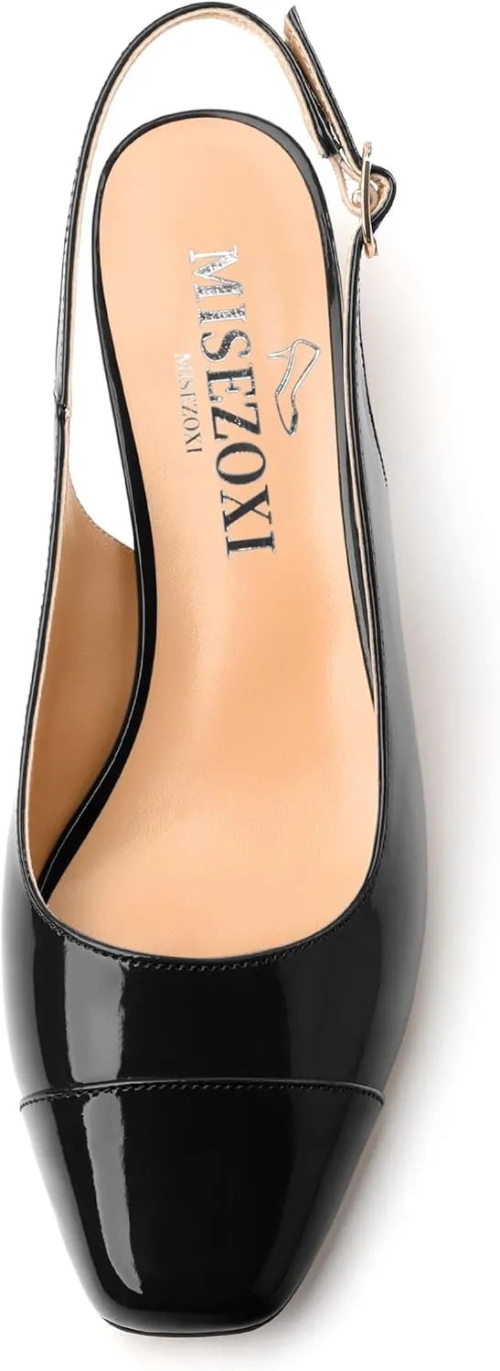 Women's Slingback Pumps, Low Chunky Heels Square Toe Pumps for Women, Block Heels Dress Shoes Closed Toe Comfortable Wedding Work Pump Sandals
