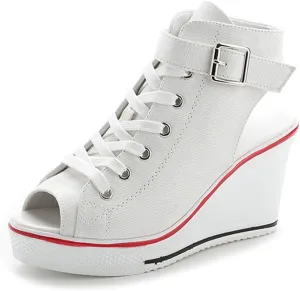 Women's Sneaker Shoes High Heel Fashionable Canvas Shoes High Tube Lace Up Wedge Edge Zipper Slope Angle Shoes Size 4-11