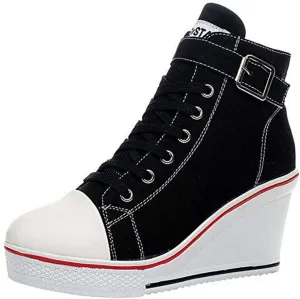 Women's Sneaker Shoes High Heel Fashionable Canvas Shoes High Tube Lace Up Wedge Edge Zipper Slope Angle Shoes Size 4-11