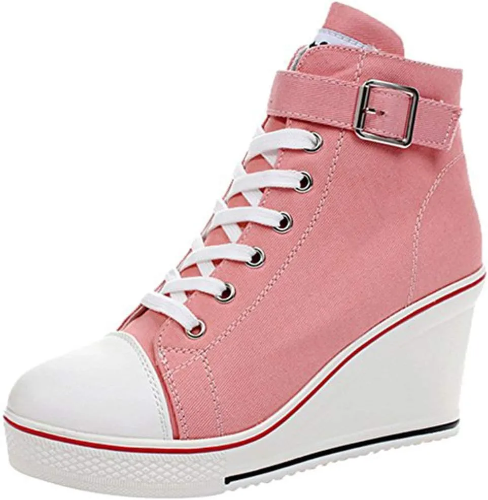 Women's Sneaker Shoes High Heel Fashionable Canvas Shoes High Tube Lace Up Wedge Edge Zipper Slope Angle Shoes Size 4-11