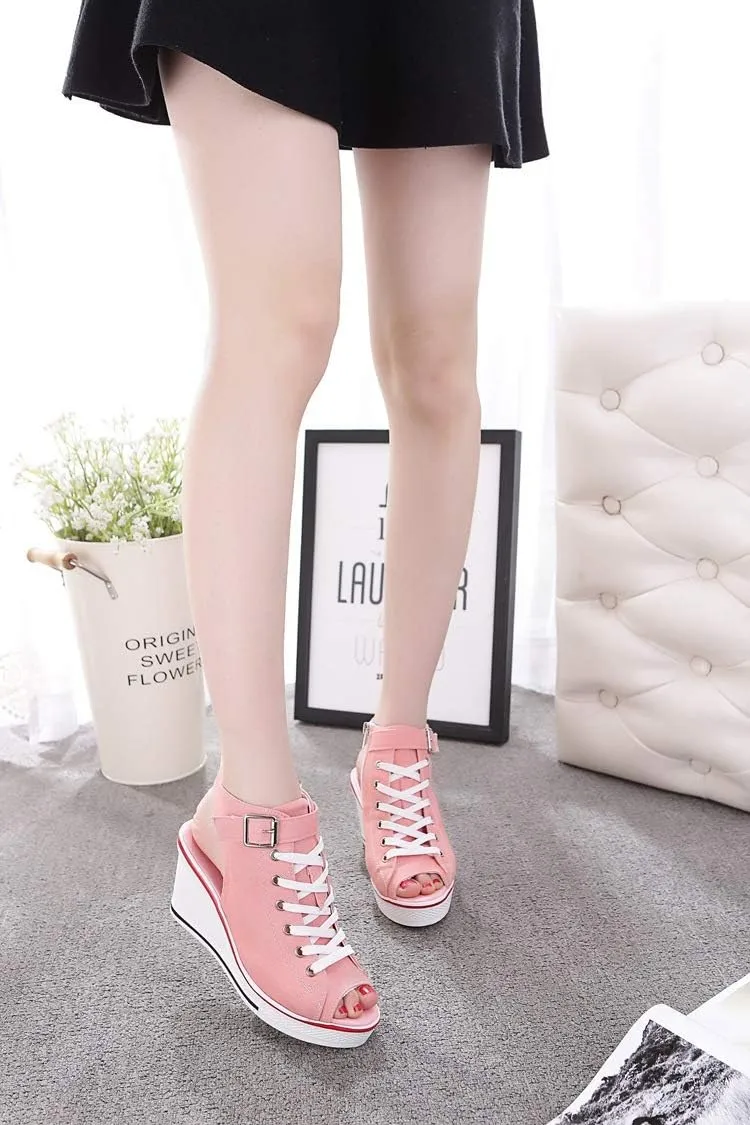 Women's Sneaker Shoes High Heel Fashionable Canvas Shoes High Tube Lace Up Wedge Edge Zipper Slope Angle Shoes Size 4-11