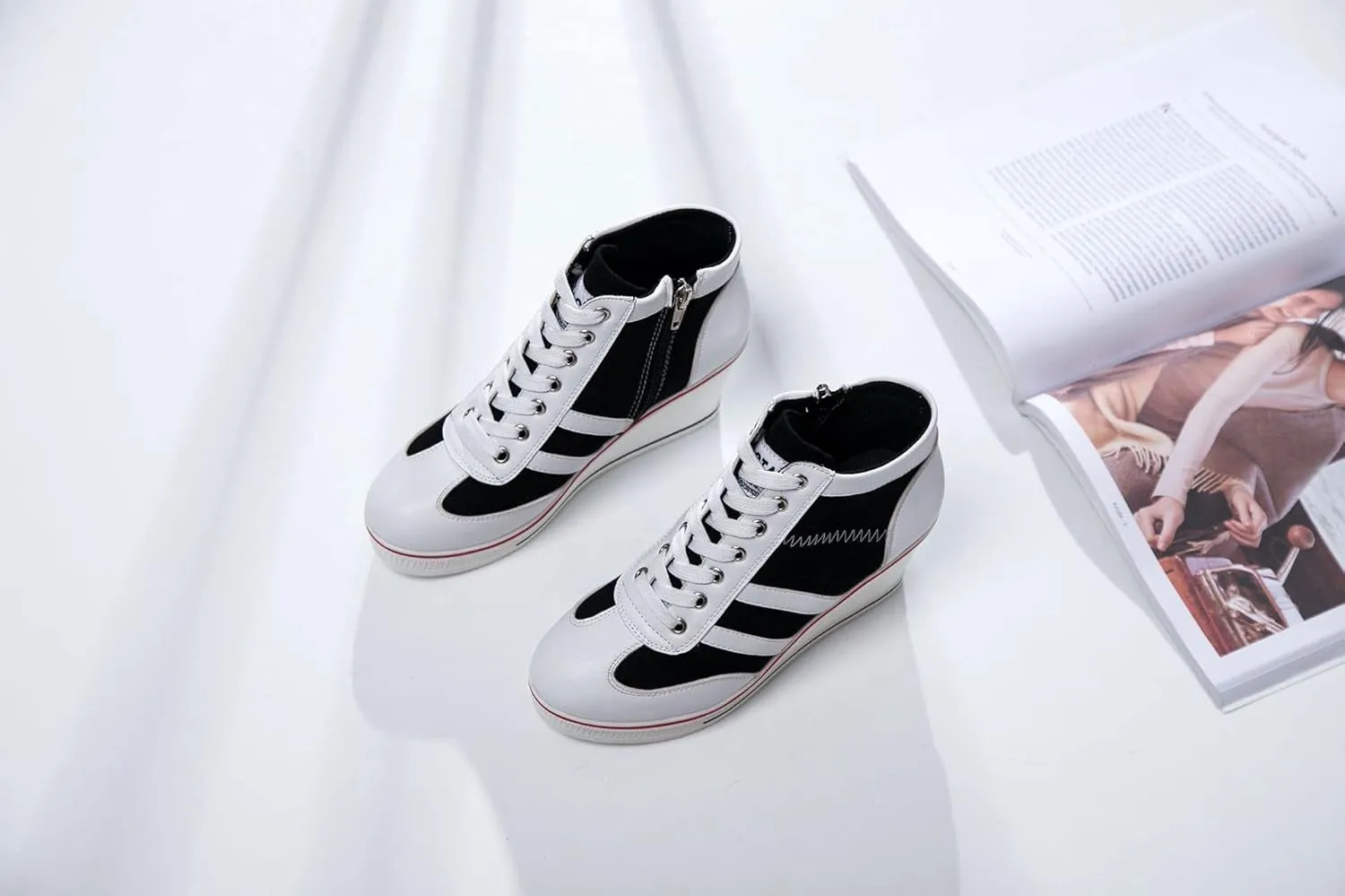 Women's Sneaker Shoes High Heel Fashionable Canvas Shoes High Tube Lace Up Wedge Edge Zipper Slope Angle Shoes Size 4-11