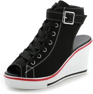 Women's Sneaker Shoes High Heel Fashionable Canvas Shoes High Tube Lace Up Wedge Edge Zipper Slope Angle Shoes Size 4-11