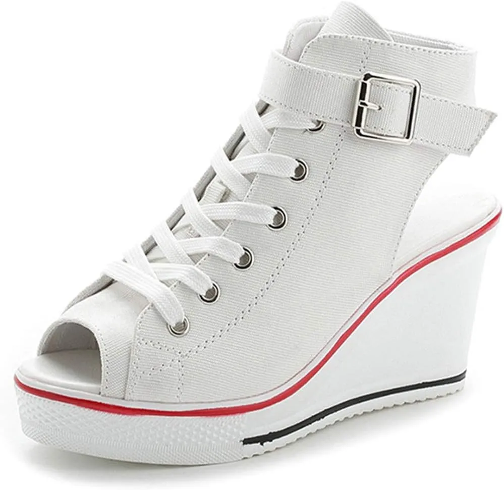 Women's Sneaker Shoes High Heel Fashionable Canvas Shoes High Tube Lace Up Wedge Edge Zipper Slope Angle Shoes Size 4-11