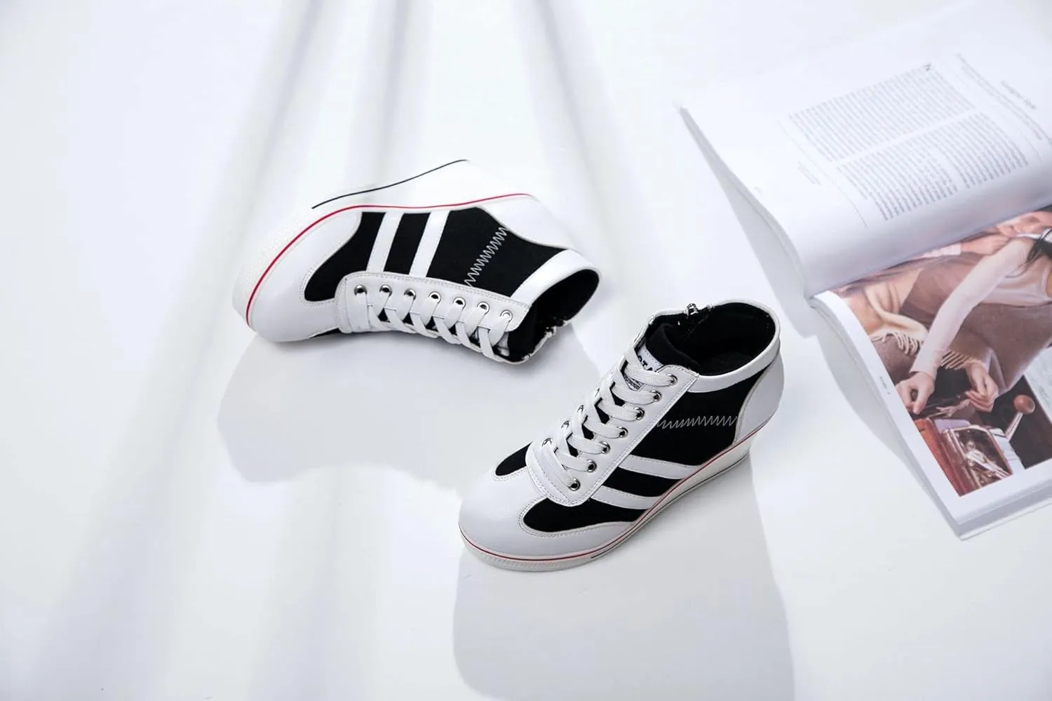 Women's Sneaker Shoes High Heel Fashionable Canvas Shoes High Tube Lace Up Wedge Edge Zipper Slope Angle Shoes Size 4-11