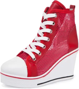 Women's Sneaker Shoes High Heel Fashionable Canvas Shoes High Tube Lace Up Wedge Edge Zipper Slope Angle Shoes Size 4-11
