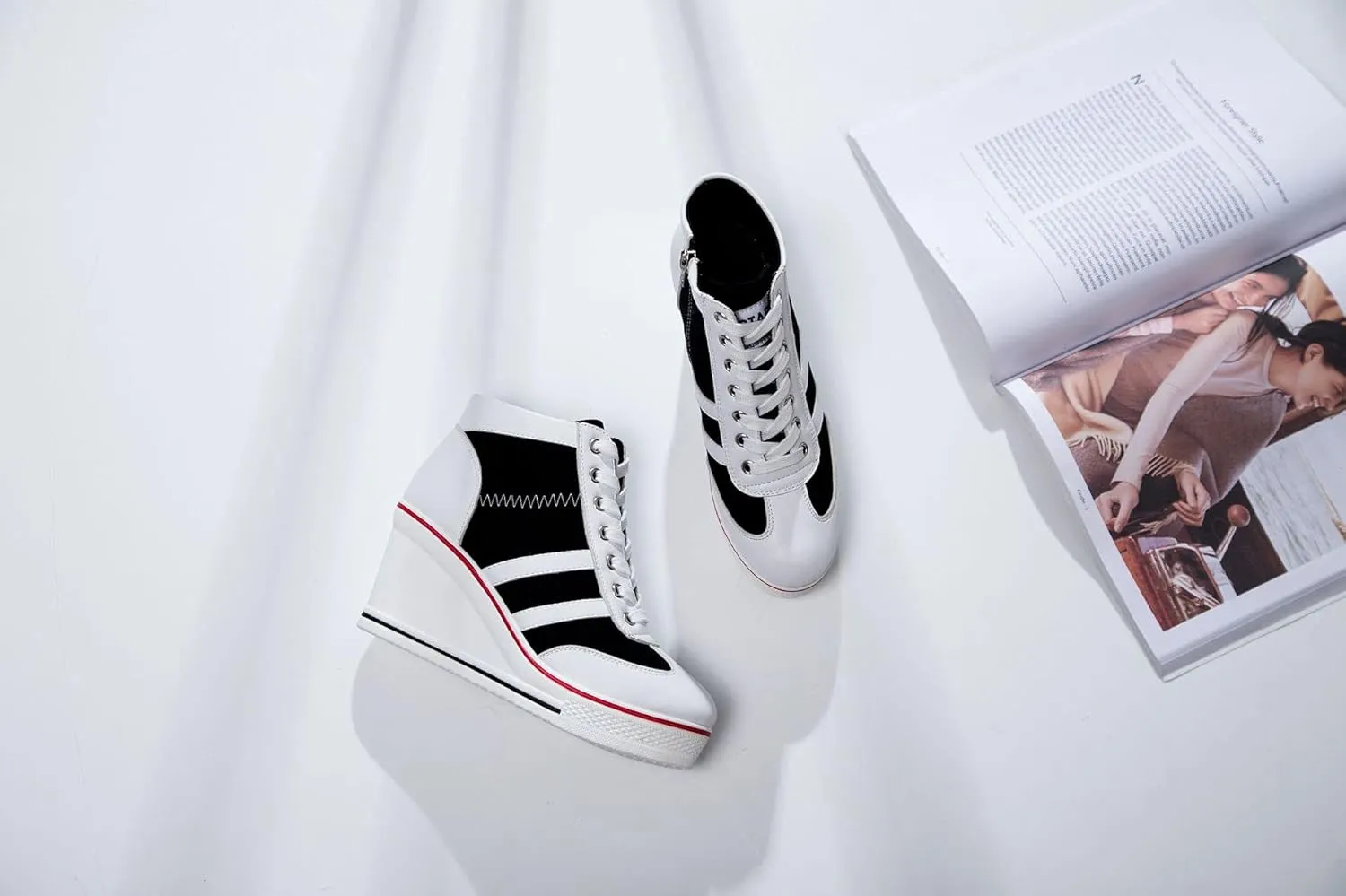 Women's Sneaker Shoes High Heel Fashionable Canvas Shoes High Tube Lace Up Wedge Edge Zipper Slope Angle Shoes Size 4-11