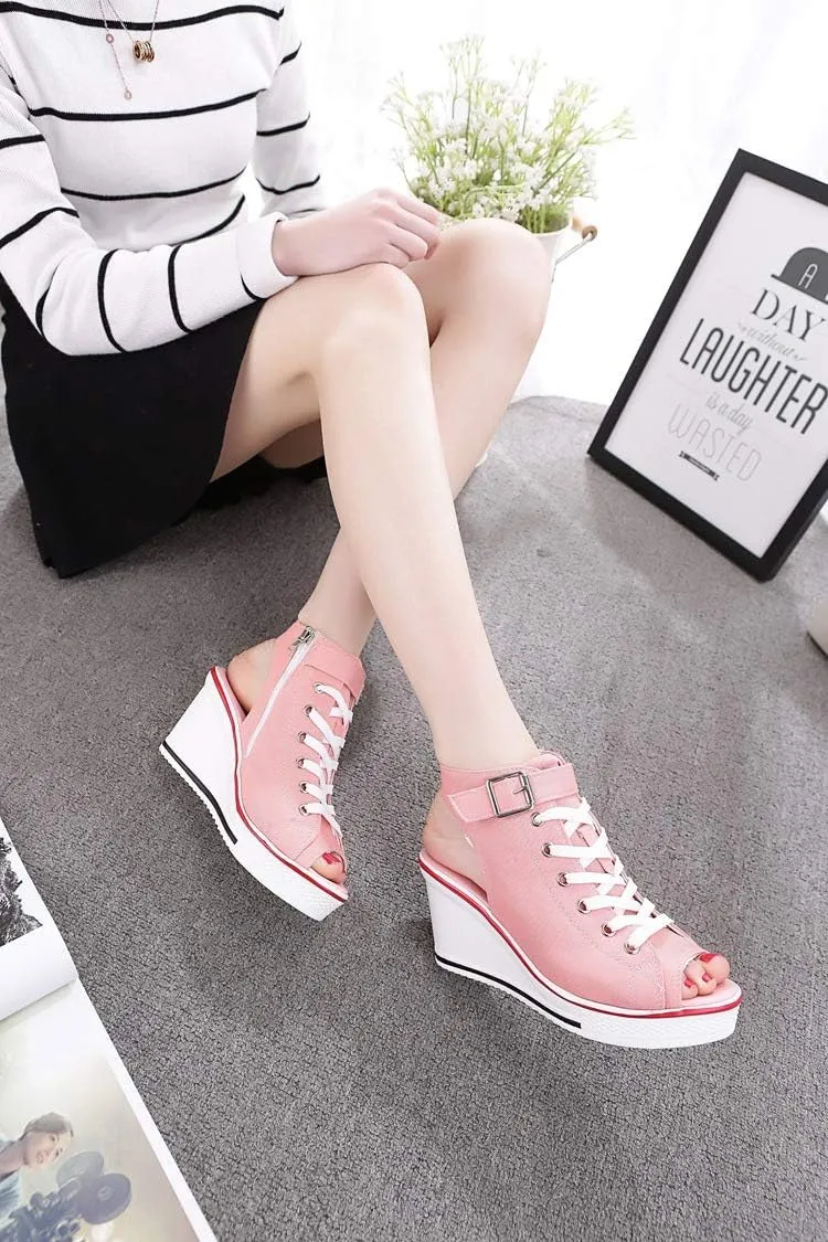 Women's Sneaker Shoes High Heel Fashionable Canvas Shoes High Tube Lace Up Wedge Edge Zipper Slope Angle Shoes Size 4-11