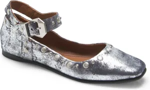 Women's Stud Mary Jane Flats Metallic Square Toe Ballet Flats Ankle Buckle Strap Comfy Ballerina Shoes