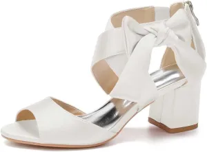 Womens Wedding Shoes Women's Low Block Heel Sandals Satin Bridal Chunky Ankle Strap Zipper Wedding Dress Shoes Low Heel Pump(Ivory,7)