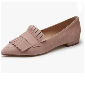 XYD Nude Vintage Fringe Dress Pointy Toe Slip On Driver Loafers Low Heels Pump