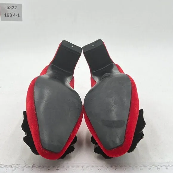 YDN Red Pointed Toe Bow Pump Colorful Rhinestone Block Low Heel Butterfly Shoe
