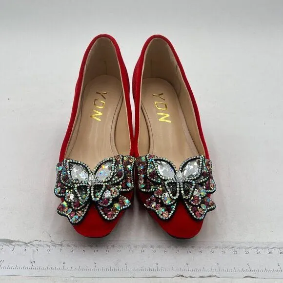 YDN Red Pointed Toe Bow Pump Colorful Rhinestone Block Low Heel Butterfly Shoe