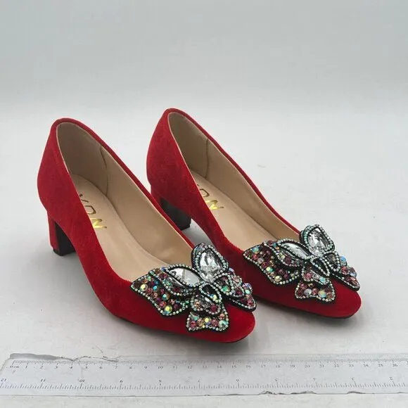 YDN Red Pointed Toe Bow Pump Colorful Rhinestone Block Low Heel Butterfly Shoe
