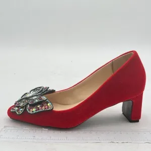 YDN Red Pointed Toe Bow Pump Colorful Rhinestone Block Low Heel Butterfly Shoe
