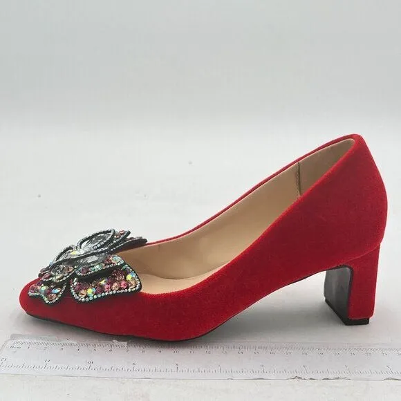 YDN Red Pointed Toe Bow Pump Colorful Rhinestone Block Low Heel Butterfly Shoe