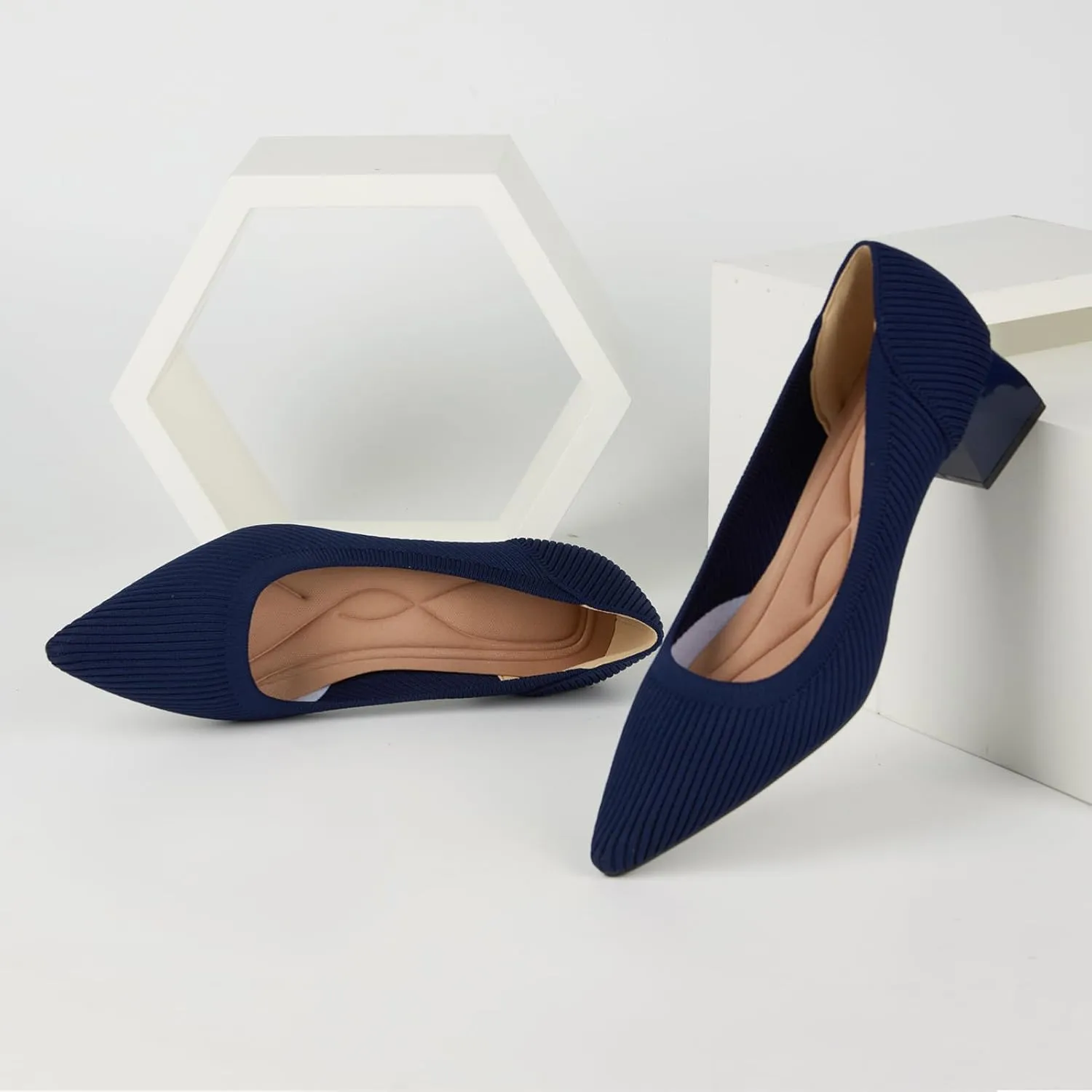 YEOJOU Heels for Women Knit Pointed Toe Women Pump Shoes Low Heel Comfortable Womens Dress Shoes Work